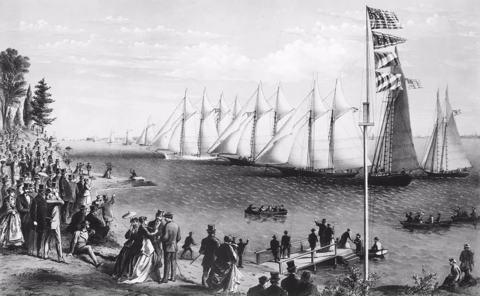 Period lithograph of an 1869 yacht race watched from the shore